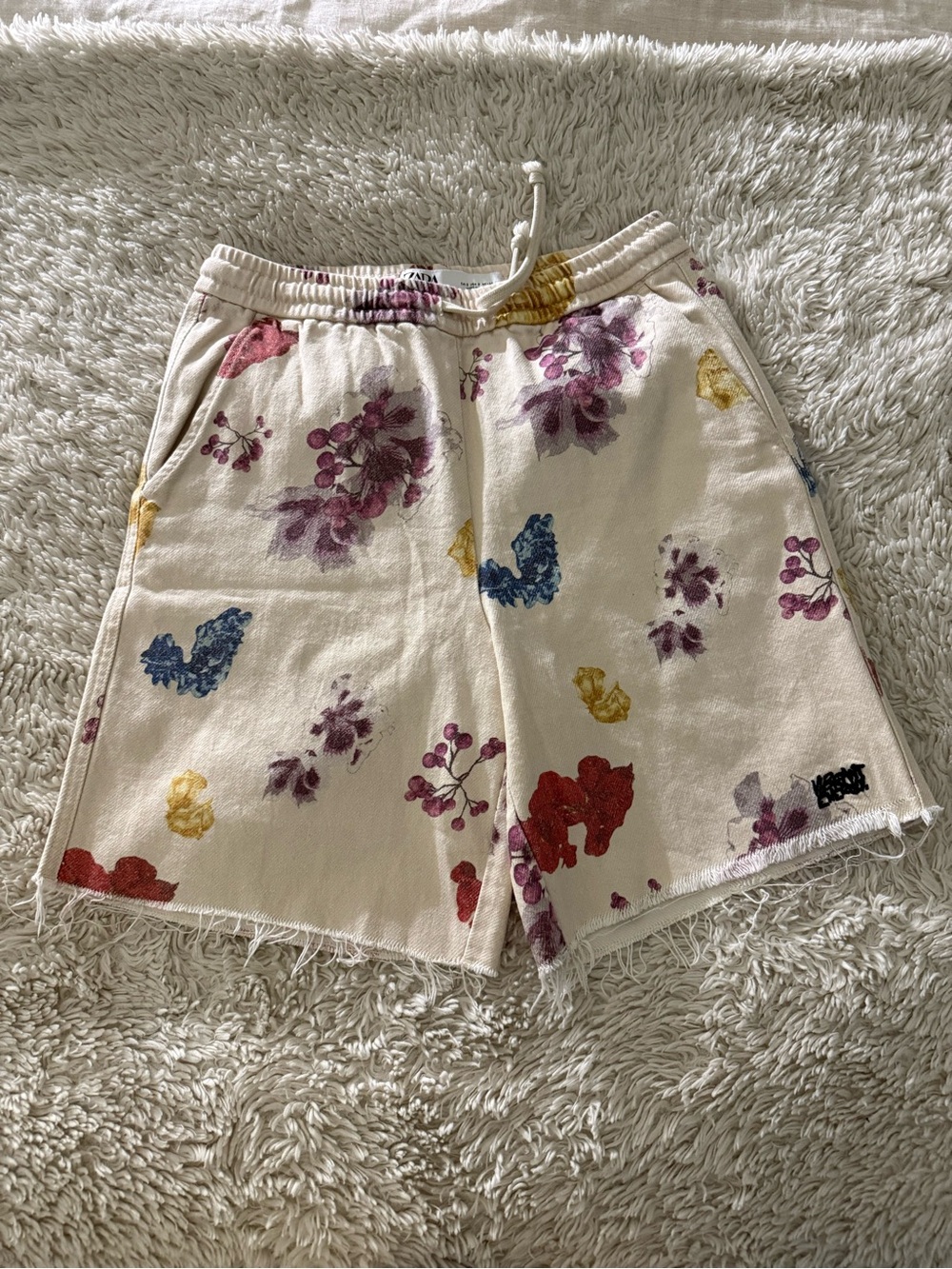 Zara Cream Floral Drawstring Denim Shorts